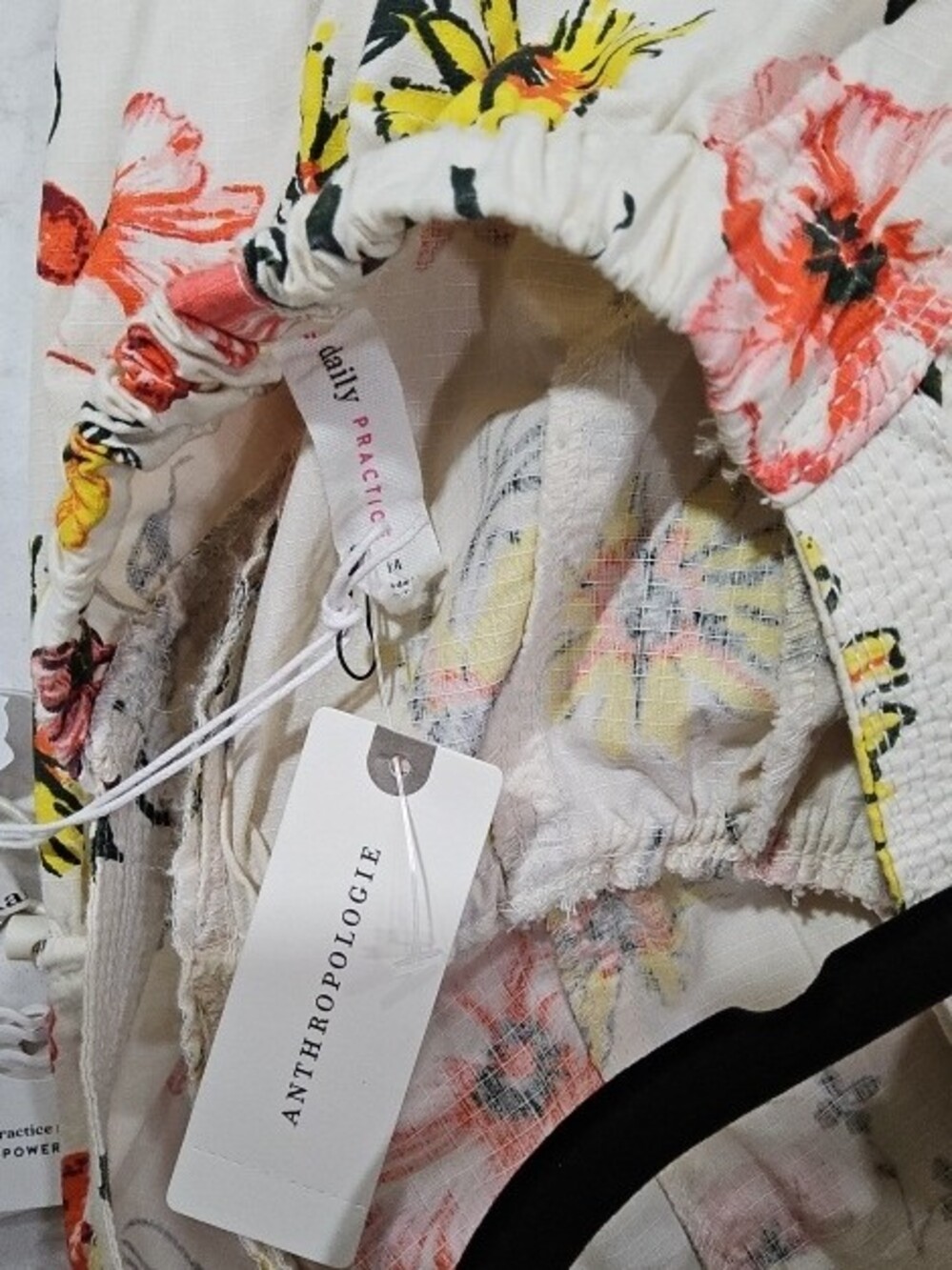 Anthropologie White Floral Drawstring Top with Pink and Yellow Blossoms - Picture 2 of 2